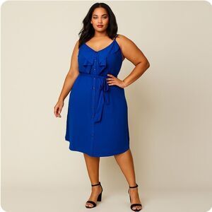 Rachel Rachel Roy Royal Blue Ruffle Button Front Halter Summer Dress, XL